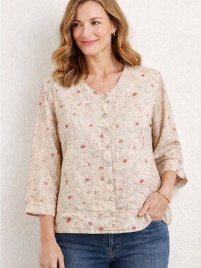 Flax Cream  Floral Button-Front Linen Cottagecore Lagenlook S